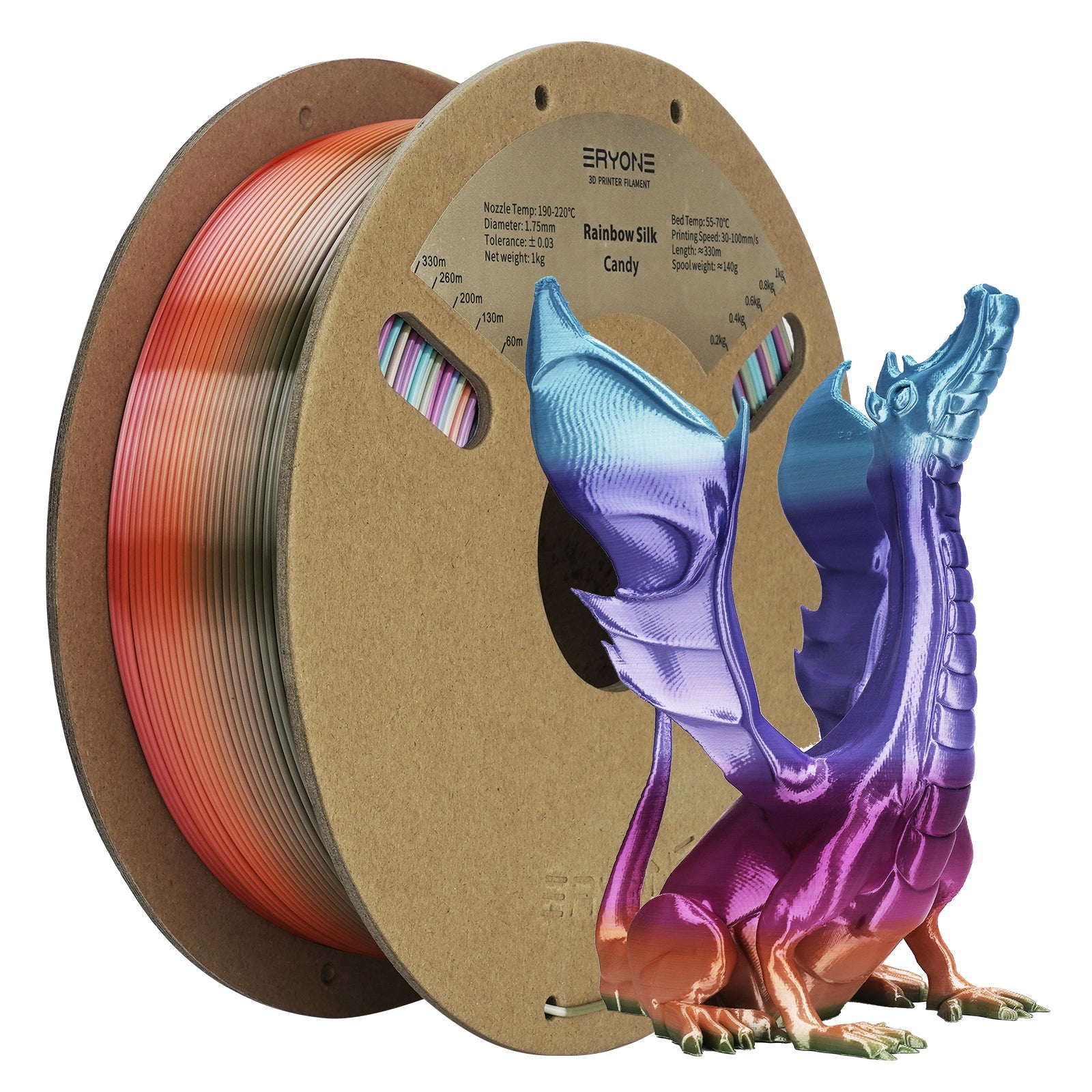 ERYONE Silk Rainbow Filament PLA 1.75 mm for 3D Printer, +/-0.05 mm, 1 kg / Spool