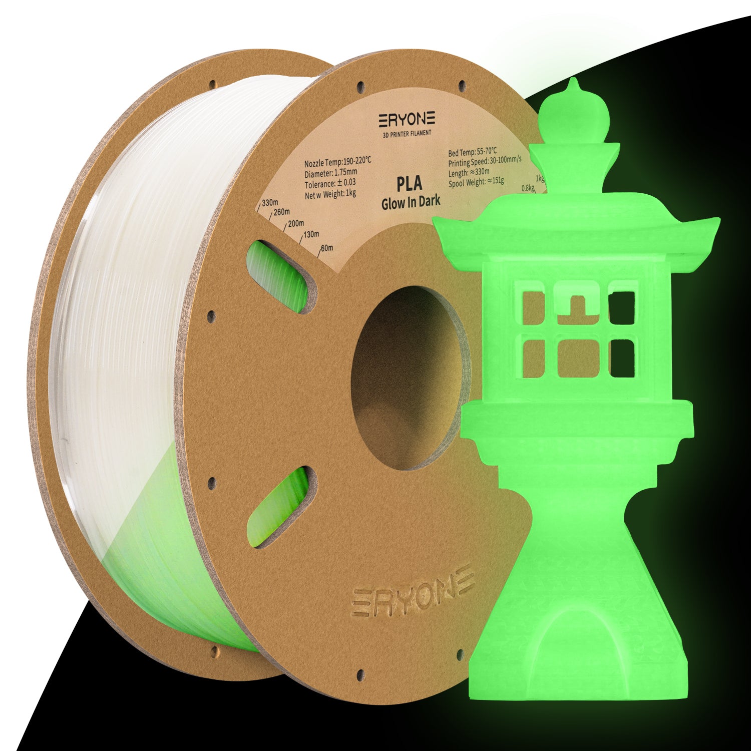 Pre-sale ERYONE Glow Green in The Dark PLA 3D Printer Filament 1.75mm, Dimensional Accuracy +/- 0.05 mm, 1kg (2.2LBS) / Spool