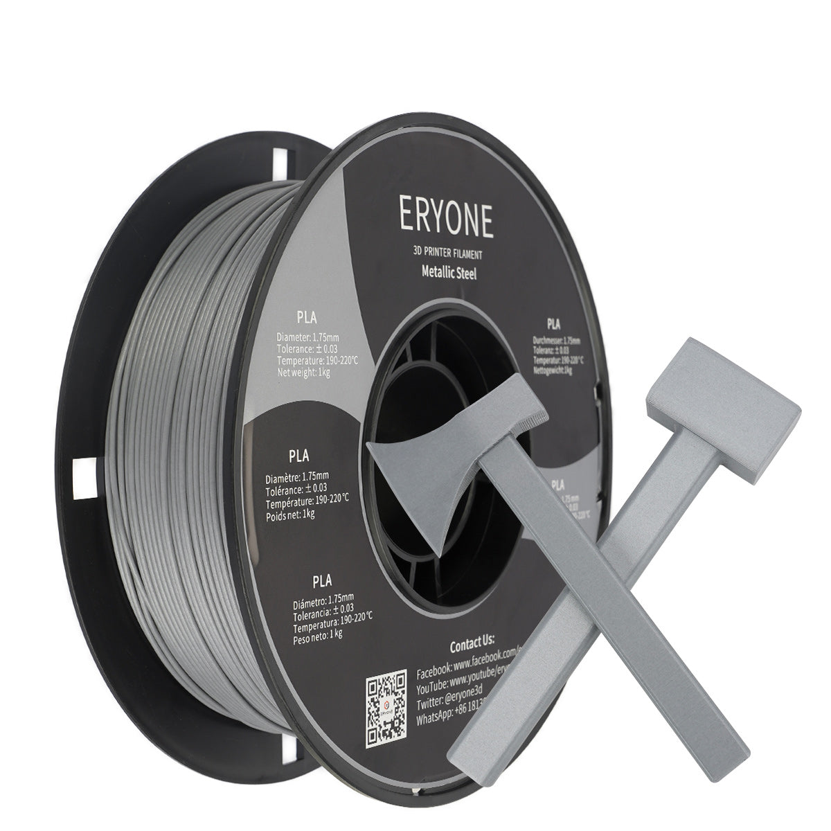 ERYONE Metallic PLA Filament 1.75mm, 3D Printer Filament Metal PLA, +/-0.03mm, 1kg(2.2lbs)/Spool, Stainless Steel